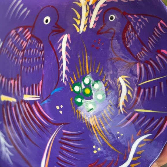 Talavera Mexican Pottery Salsa Bowl Footed Hand Painted Trinket Red Purple Birds - Picture 15 of 16